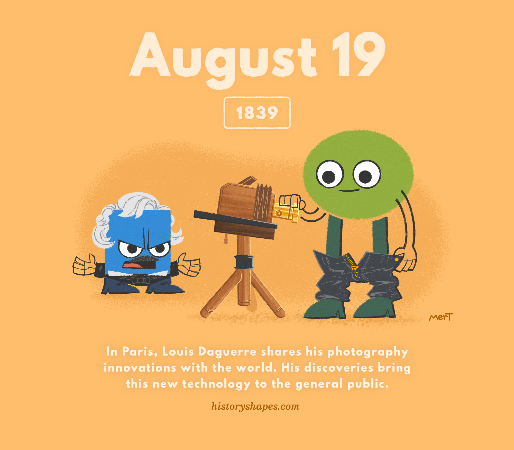 Ray, a grumpy blue square, is dressed as an upset Louis Daguerre. Ray watches Morgan, an awkward green oval, point a camera at his crotch and slide his jeans down. 