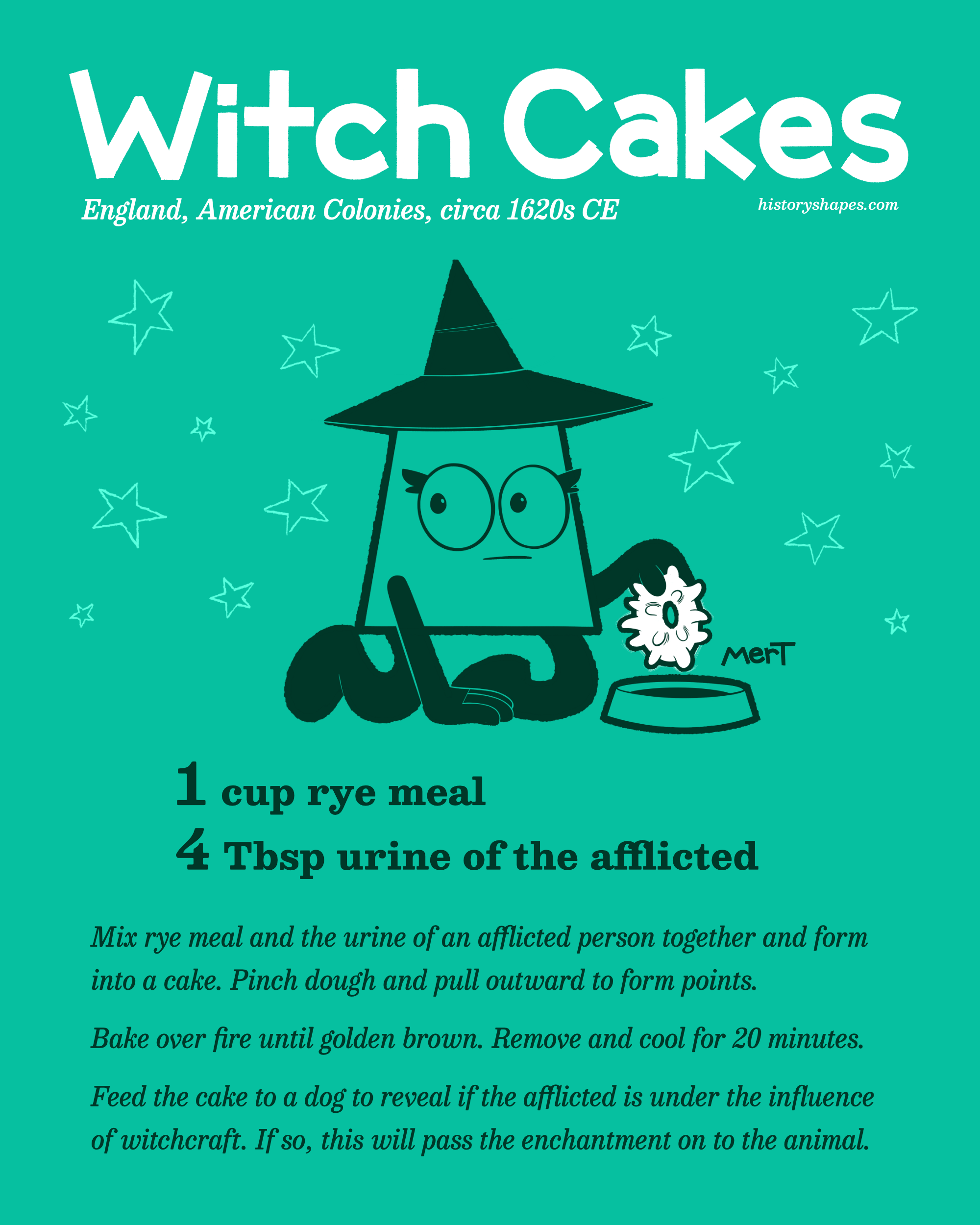 Bess, dressed as a witch, sneaks a Witch Cake into a dog dish.