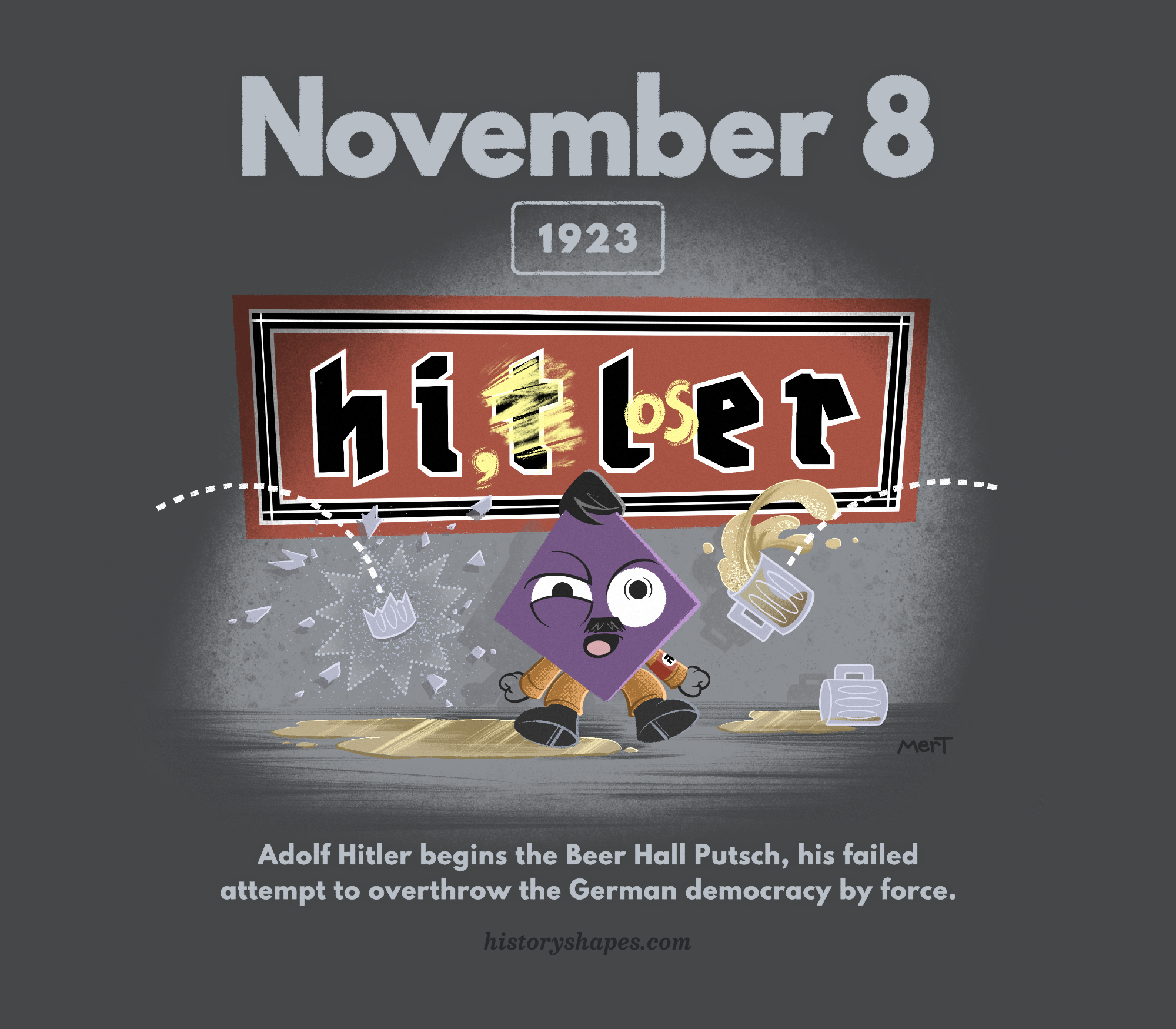 Dom, a crazed purple diamond, is dressed as Adolf Hitler freaking out. Beer mugs are thrown at him, and a HITLER banner is defaced to say "HI LOSER" 