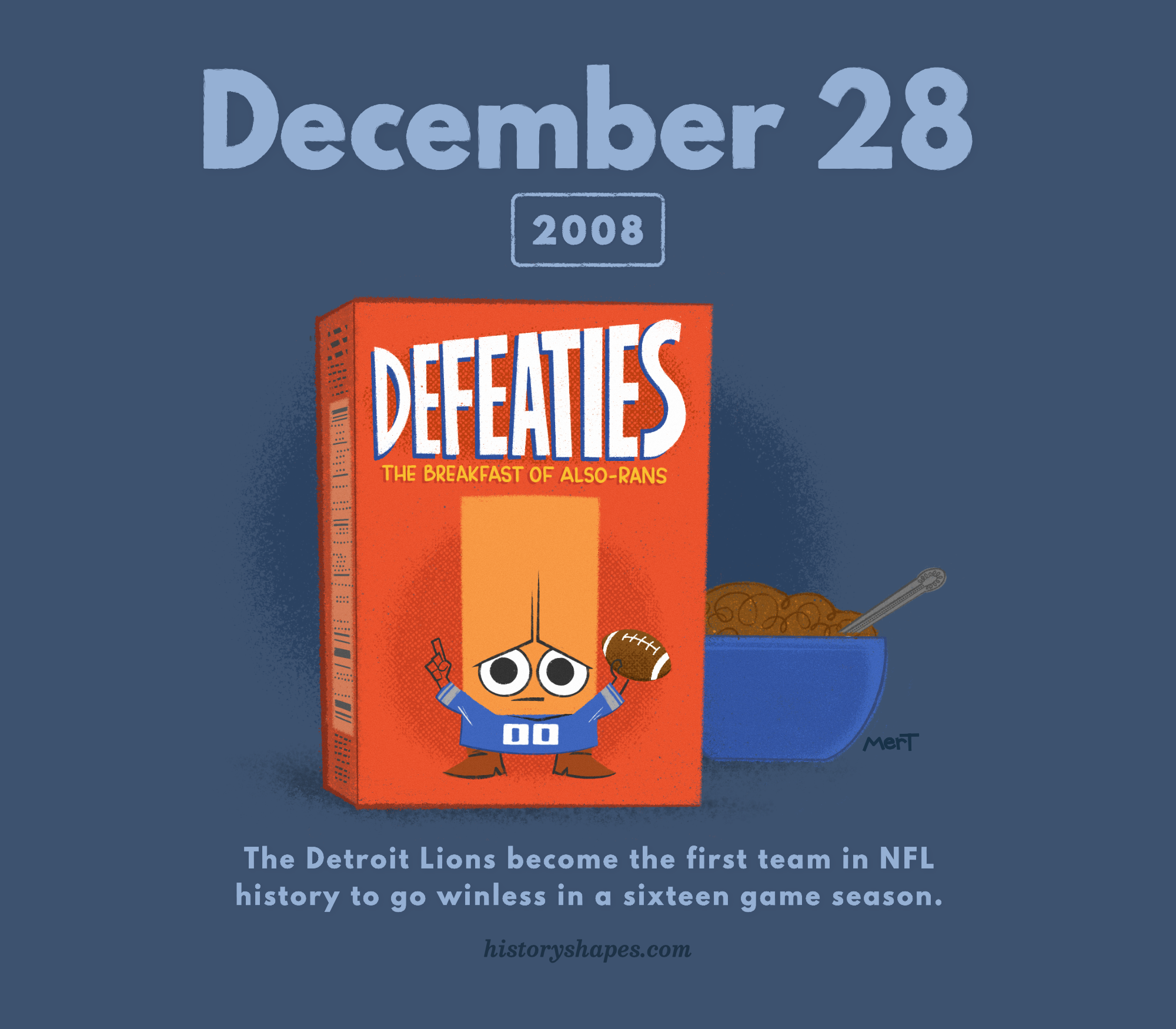 Robbie, a sad orange rectangle, is dressed like a Detroit Lions player on a box of "Defeaties: The Breakfast of Also-Rans."