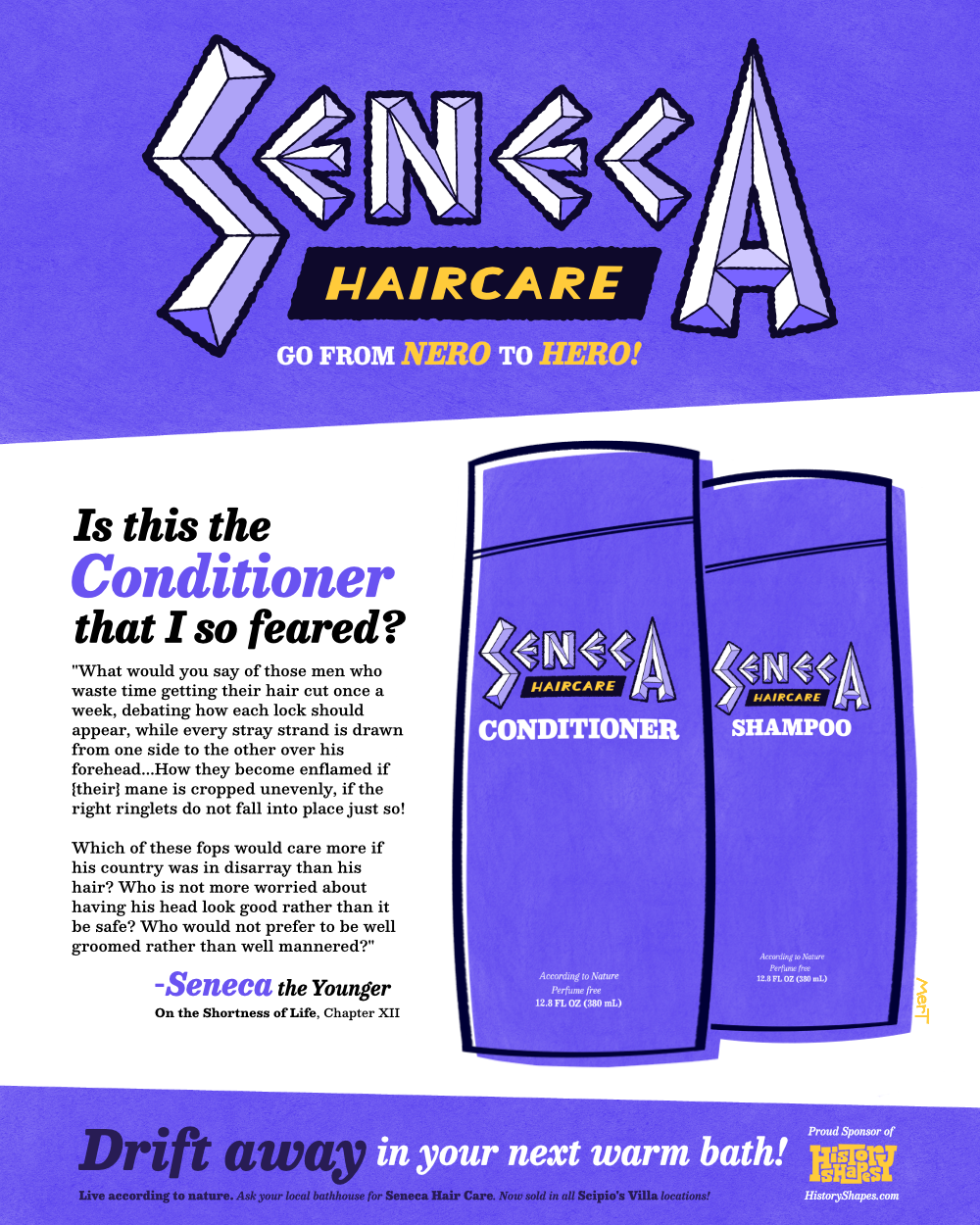 An advertisement for Seneca Haircare with two bottles. One is Conditioner, the other is Shampoo.