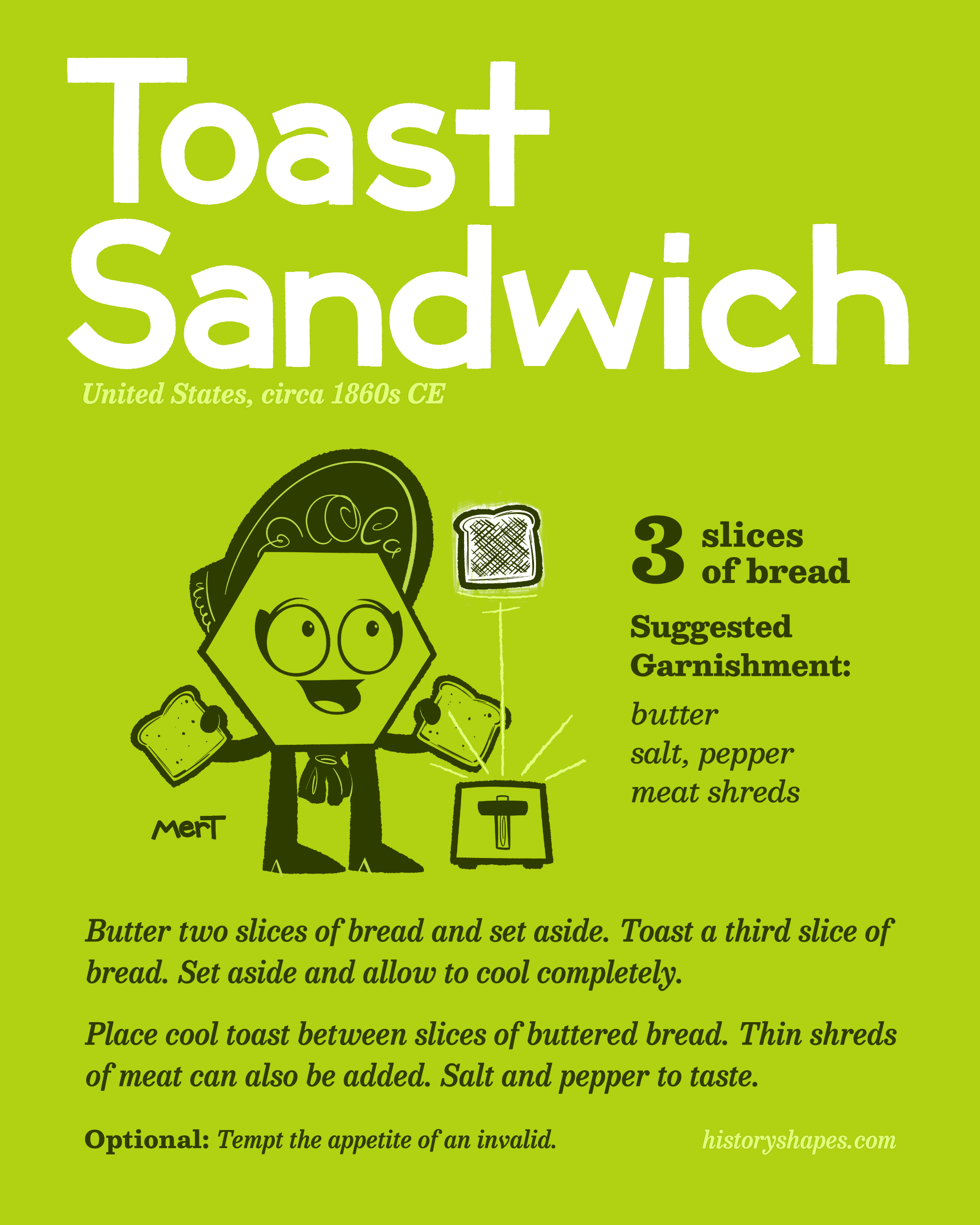 Lou wears an 1860s bonnet and holds two slices of bread as toast shoots out of a toaster. The recipe for Toast Sandwiches is listed.