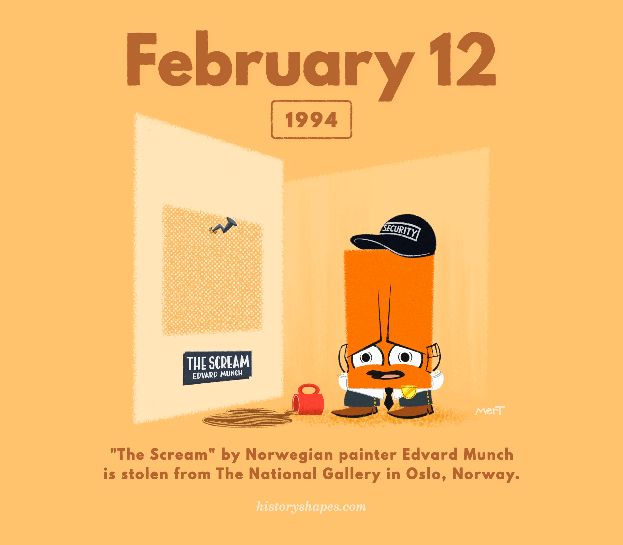 Robbie, an orange rectangle, is an upset security guard with a face like "The Scream," by Edvard Munch. The artwork is missing from the museum wall behind him.
