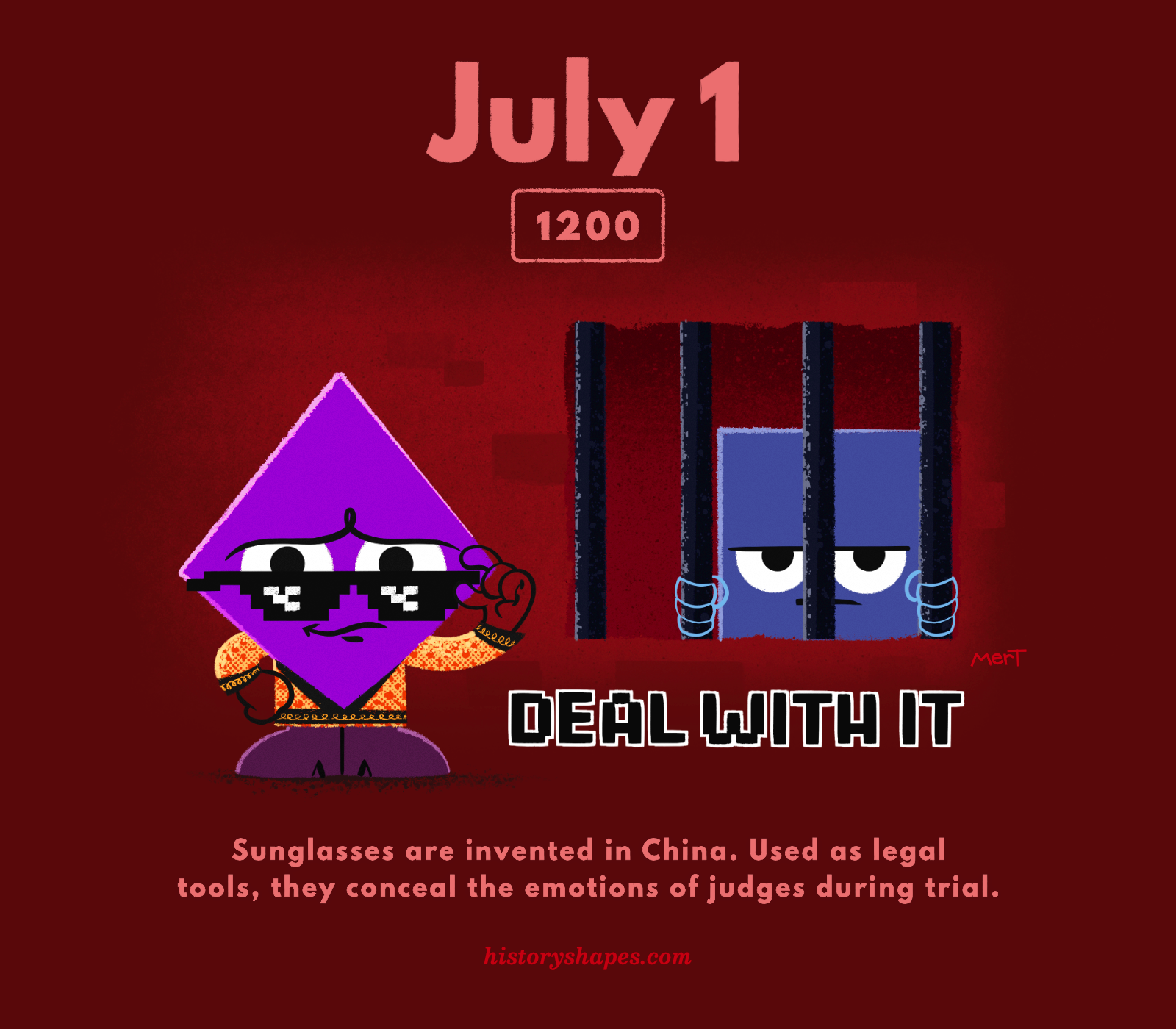 Dom, a purple diamond, is dressed as a Chinese judge with 8-bit sunglasses tipped below his eyes. Ray sits behind bars. "DEAL WITH IT" is written in an 8-bit font.